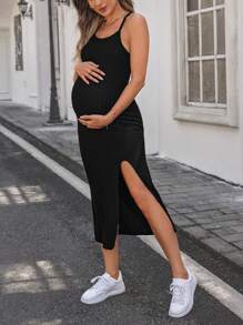 SHEIN 2 件装孕妇纯色基本款开衩吊带连衣裙和长袖开衫套装 - 黑色 - 查看 5