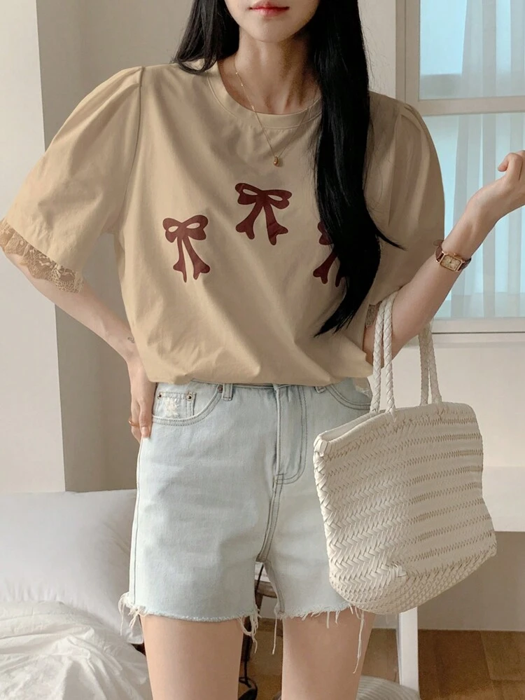 Women's Summer Bow Print Round Neck Puff Sleeve T-Shirt Cute Tops,Graphic Tees