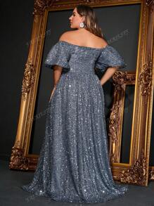 Luxurious Plus-Size Off-The-Shoulder Puff Sleeve A-Line Evening Gown | Sparkling Embellished Formal Dress For Grand Events – Perfect For Black Tie Galas, Red Carpet Evenings, Wedding Guest Attire, Opera Nights & Sophisticated Evening Dinners,Party Dress