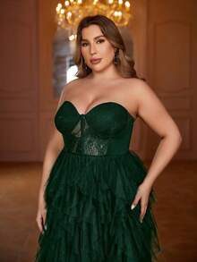 Faeriesty Plus Size Contrast Color Lace Slit High Thigh Mesh Strapless Formal Dress - Dark Green - View 5
