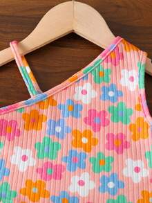 SHEIN Set de 2 piezas para niñas jóvenes con top casual con estampado de flores y pantalones acampanados - Multicolor - Ver 4
