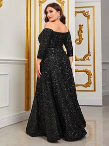 Faeriesty Plus Off Shoulder Sequin Formal Dress Black Elegant Prom Evening Wedding Guest Gown, For Graduation, Dinner Party Dress - 黑色 - 查看 2