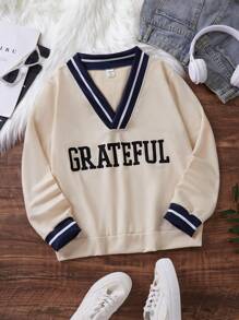 Tween Girls' Casual V-Neck Striped Long Sleeve Loose Sweatshirt, Spring/Fall - Apricot - View 1