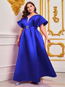 大碼荷葉邊腰帶緞面連衣裙 - 寶藍色 - 查看 3