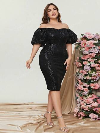 Faeriesty Robe moulante pailletée avec épaules dénudées et manches bouffantes, élégante et semi-formelle pour cocktail, bal de promo, mariage, anniversaire, remise de diplôme, dîner, bal des finissants