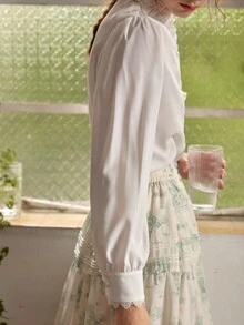 Simple Retro White Pusher Long Sleeve Ruffled Turtleneck Shirt - White - View 4