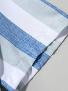 Manfinity Homme Striped Print Front Button Short Sleeve Shirt And Solid Color Drawstring Shorts Casual Summer Outfit - Blue - View 8