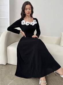 Modelyn Váy dài tay màu chắp vá của phụ nữ - màu đen - Xem 4