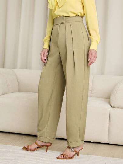 SHEIN LUNE Pantalones casuales rectos, sueltos y plisados de unicolor para mujer