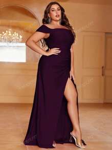 Plus Off Shoulder Draped Side Wrap Hem Dress Elegant Formal Evening Prom Wedding Guest Gown, For Graduation, Dinner Party Dress