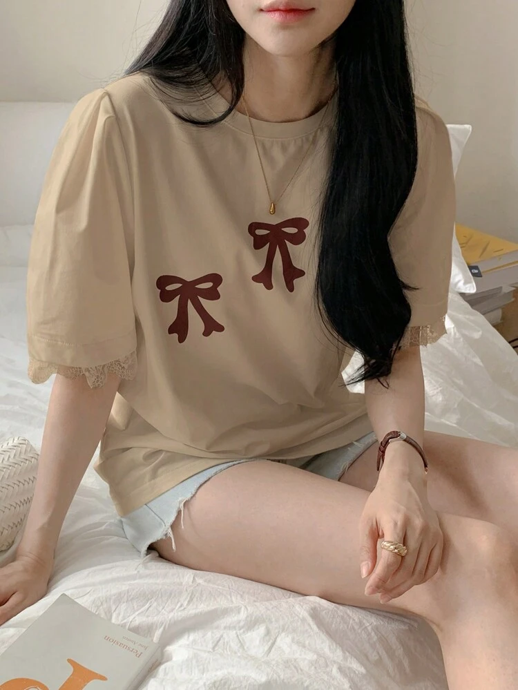 Women's Summer Bow Print Round Neck Puff Sleeve T-Shirt Cute Tops,Graphic Tees