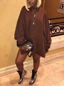 SHEIN Slayr Plus Size Women Plain Minimalist Daily Wear Crew Neck Sweatshirt - Brown - View 1