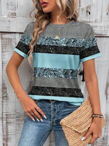 EMERY ROSE Women Casual Glitter Stripe Pattern T-Shirt, Suitable For Summer - Blue - View 5