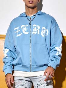 Manfinity Roghcode Men Simple Printed Zipper Hooded Knitted Sweatshirt, Light Blue Going Out Street Wear Letter Long Sleeve Zip-Up Hoodie, For Friends, Husband, Boyfriend Gifts, Light Blue Hoodie, Streetwear, Fall - Baby Blue - View 4