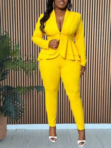 Slaydiva Fall Classic Commuting Women's Plus Size Yellow Women Dresses Yellow Solid Color Waist-Cinching Frilled Hem V-Neck Suit Set - Yellow - View 3