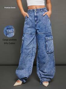 Premium 91% Cotton Denim Baggy Cargo Jeans - Light Wash - View 8