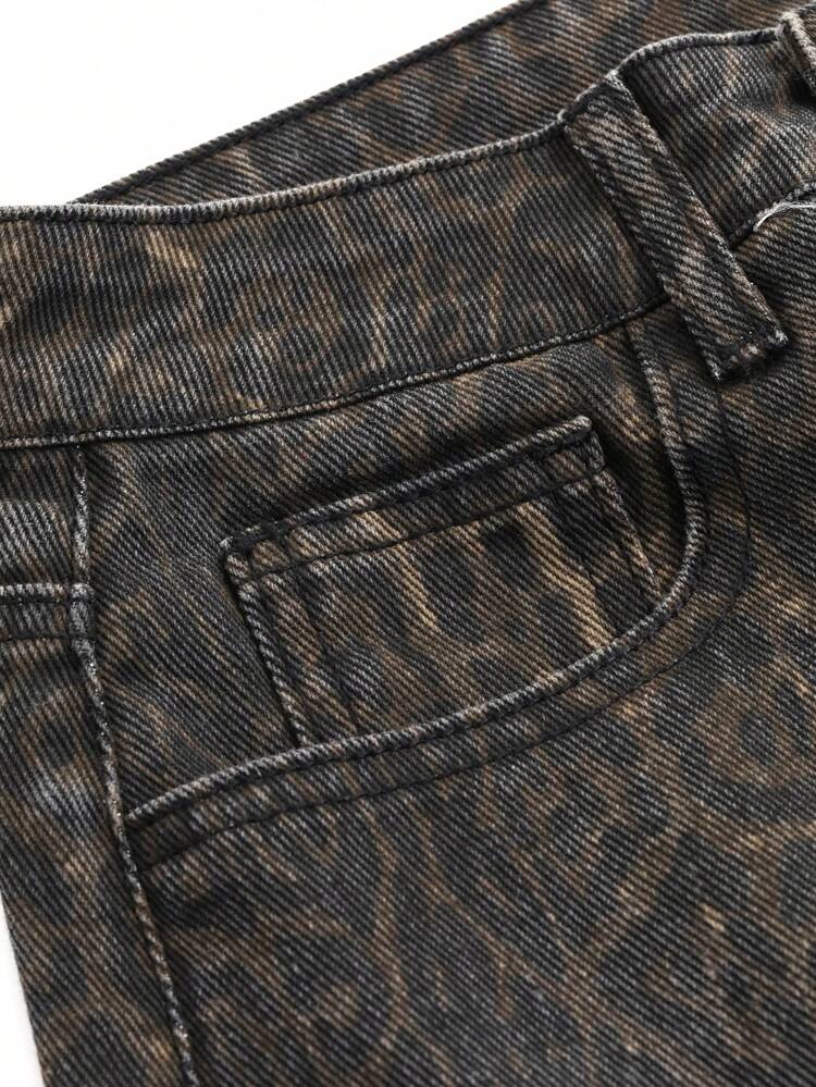 Women Leopard Print Pocket Straight Loose Casual Jeans