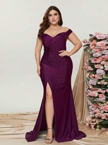 Plus Off Shoulder Ruched Split Thigh Formal Dress Formal Dresses Curve Elegant Bridesmaid Dress