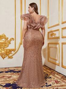 Faeriesty Plus Elegant Sequin-Glitter Gown With Ruffle Sleeves & Side-Slit Mermaid Tail | Luxury Evening Dress For Black Tie Galas, Weddings, And Cannes Parties Party Dress Wedding Guest Dress Formal Dress