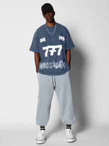 SUMWON 带有涂鸦和数字图形印花的水洗 T 恤 - 藍色 - 查看 4