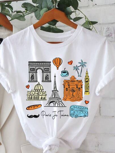 SHEIN Essnce Paris T-Shirt, Matching Eiffel Parisian Paris Tees, Paris Skyline, Gift For Her Paris, France Gift For Travel Lover, Girls Trip, Family Trip,Casual Minimalist Cartoon Building Graphic Round Neck Short Sleeve Women's T-Shirt, Summer