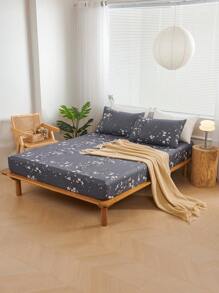 Bộ 3 ga trải giường họa tiết cành hoa mận màu xám đậm không có ruột, Bộ ga trải giường cho phòng ngủ bằng vải sợi nhỏ chải kỹ, thoáng khí, thoải mái, 1 ga trải giường + 2 vỏ gối không có ruột, Bộ chăn ga gối đệm cho ký túc xá trường học - Màu xám đen - Xem 2