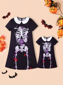 Women's Halloween Skeleton Print Dress - Black - View 1