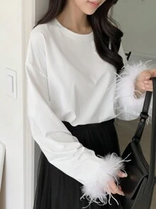 DAZY Women's Solid Color Crew Neck Drop Shoulder Long Sleeve Fluffy Cuff Casual T-Shirt, Spring & Summer