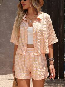 SHEIN LUNE 女士格子落肩宽松衬衫和短裤休闲两件套，夏季 - 黃色 - 查看 1