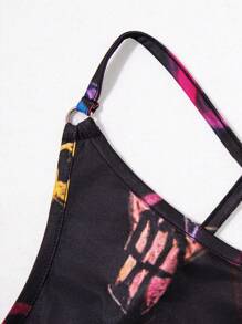 Vestido sin mangas con estampado de calavera colorida y cruzado en los tirantes para mujer - Negro - Ver 6