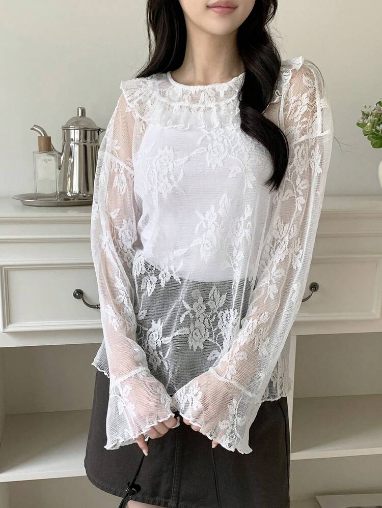 Women's Lace Flounce Hem Loose Long Sleeve Blouse, Spring/Summer