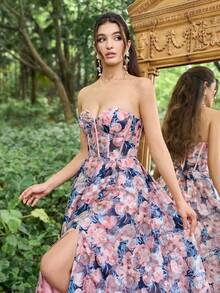 Faeriesty 花卉提花正式舞会抹胸礼服优雅晚间婚礼宾客礼服，适合毕业典礼、晚宴派对礼服 - 粉色 - 查看 7