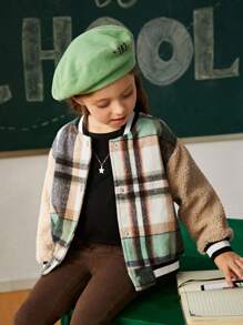 SHEIN Explorewe Chaqueta de forro polar con estampado a cuadros de parche sherpa para niña pequeña, ajuste regular, abrigo acolchado cálido con ribete de canalé - Multicolor - Ver 3