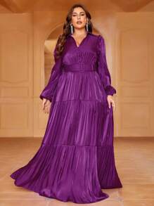 Plus Lantern Sleeve Ruffle Hem Chiffon Dress - Purple - View 5