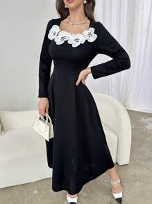 Modelyn Váy dài tay màu chắp vá của phụ nữ - màu đen - Xem 5