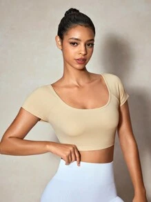 Eassivo Eassivo Women's Scoop Neck Short Sleeve Solid Color Casual Crop Sports T-Shirt, Short Length - Apricot - View 7