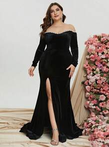Faeriesty 黑色露肩高开衩丝绒礼服，优雅长袖长裙，适合舞会、宴会、婚礼宾客、毕业典礼、晚宴及其他场合。 - 黑色 - 查看 1