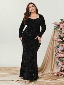 Elegant Plus-Size Evening Gown With Heart-Shaped Neckline & Long Sleeves | Curve-Hugging Mermaid Hem Dress For Formal Events | Luxurious Sparkling Embellishments, Structured Silhouette | Perfect For Galas, Black-Tie Weddings, Charity Fundraisers, Red Carpet Affairs, And High-End Dinner Parties,Party Dress,Wedding Guest - 黑色 - 查看 3