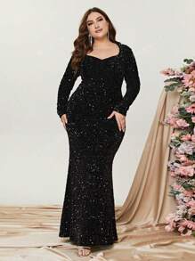 Elegant Plus-Size Evening Gown With Heart-Shaped Neckline & Long Sleeves | Curve-Hugging Mermaid Hem Dress For Formal Events | Luxurious Sparkling Embellishments, Structured Silhouette | Perfect For Galas, Black-Tie Weddings, Charity Fundraisers, Red Carpet Affairs, And High-End Dinner Parties,Party Dress,Wedding Guest