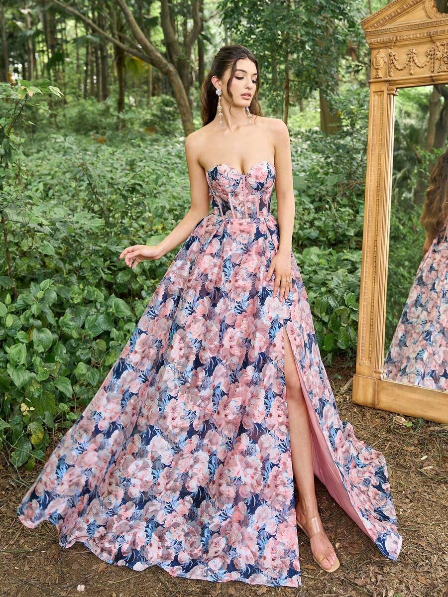 Faeriesty 花卉提花正式舞会抹胸礼服优雅晚间婚礼宾客礼服，适合毕业典礼、晚宴派对礼服