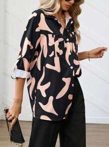 SHEIN LUNE Women's Asymmetrical Pattern Long Sleeve Casual Pocket Loose Blouse, Spring & Summer - Multicolor - View 5