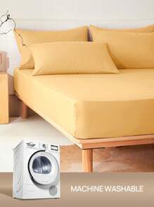 2/3件套纯色床笠，床垫保护套，床垫罩，深口袋床笠，柔软透气，适用于单人床、双人床、大号双人床、特大号双人床 - 14英寸/35厘米深口袋，可机洗，通过Oeko-Tex认证 - 薑黃 - 查看 8