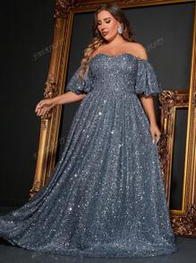 Luxurious Plus-Size Off-The-Shoulder Puff Sleeve A-Line Evening Gown | Sparkling Embellished Formal Dress For Grand Events – Perfect For Black Tie Galas, Red Carpet Evenings, Wedding Guest Attire, Opera Nights & Sophisticated Evening Dinners,Party Dress