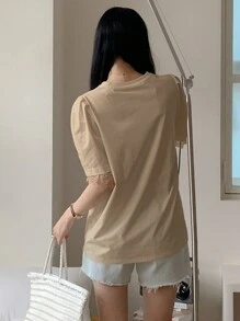 DAZY Women's Summer Bow Print Round Neck Puff Sleeve T-Shirt Cute Tops,Graphic Tees - Khaki - View 4