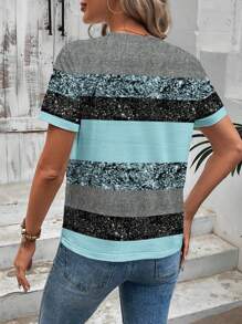 EMERY ROSE Women Casual Glitter Stripe Pattern T-Shirt, Suitable For Summer - Blue - View 2