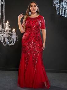 大码船领短袖晚礼服，鱼尾造型惊艳，搭配薄纱层叠和精致的串珠花卉刺绣，是婚礼、晚会、歌剧表演、红毯活动和豪华宴会的正式服装。 - 紅色 - 查看 1