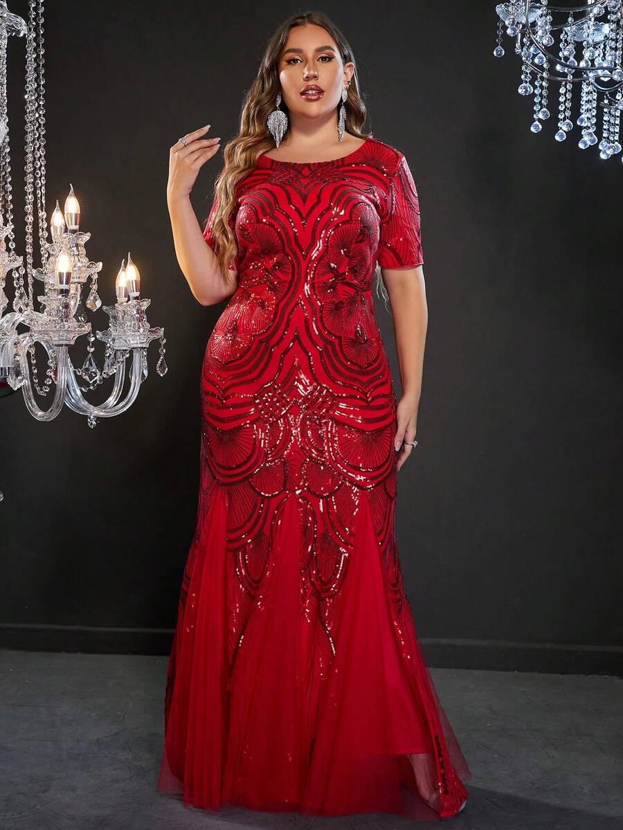 大码船领短袖晚礼服，鱼尾造型惊艳，搭配薄纱层叠和精致的串珠花卉刺绣，是婚礼、晚会、歌剧表演、红毯活动和豪华宴会的正式服装。 - 紅色 - 查看 1