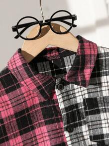 SHEIN Young Boy Fashionable Plaid Color Block Asymmetric Hem Long Sleeve Shirt,Casual Fall/Winter Back-To-School,Autumn,School Outfit For Various Occasions - Multicolor - View 3