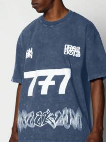 SUMWON 带有涂鸦和数字图形印花的水洗 T 恤 - 藍色 - 查看 3