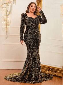 Faeriesty Plus Sweetheart Neck Gigot Sleeve Sequin Formal Dress